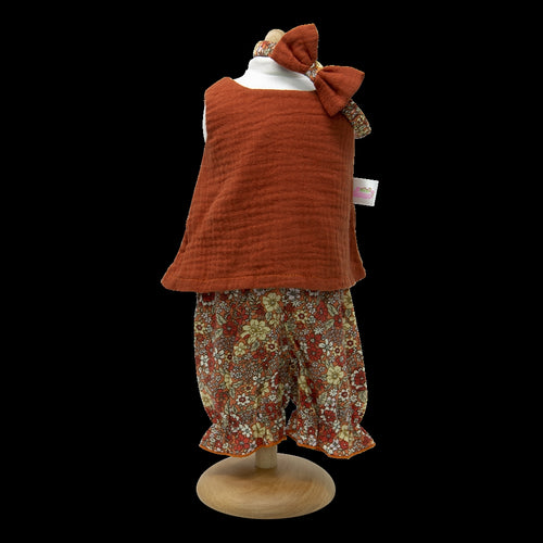 471 coral red 3 piece set with ditsy print long bloomers ( 4 doll sizes for 11 to 18 inches / 29 to 46cm)