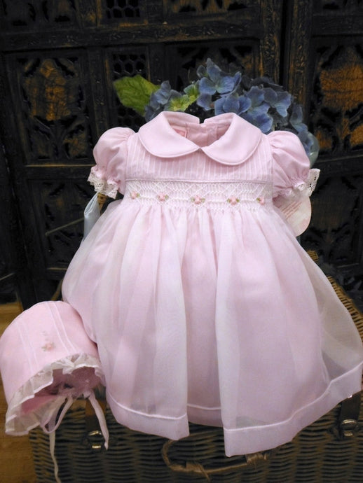 0006060 Will Beth Heirloom newborn/preemie Baby Dress and bonnet with delicate sheer overlay - Silicone Velvet Matting Powder