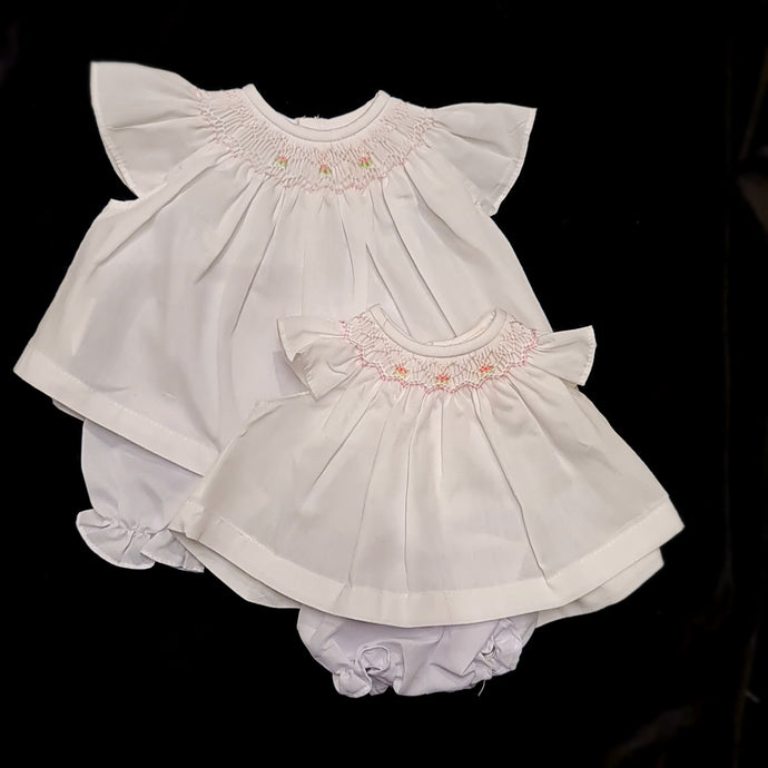 5066 Angel Wing Smocked Dress for Dolls (9 to 16 inch) . White with pink smocking