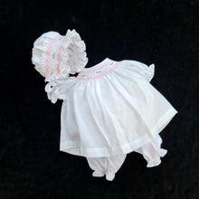 042 WHITE  Cable Rose Smocked Bishop Dress for Dolls. with bonnet and bloomers. 10 to 19 inch