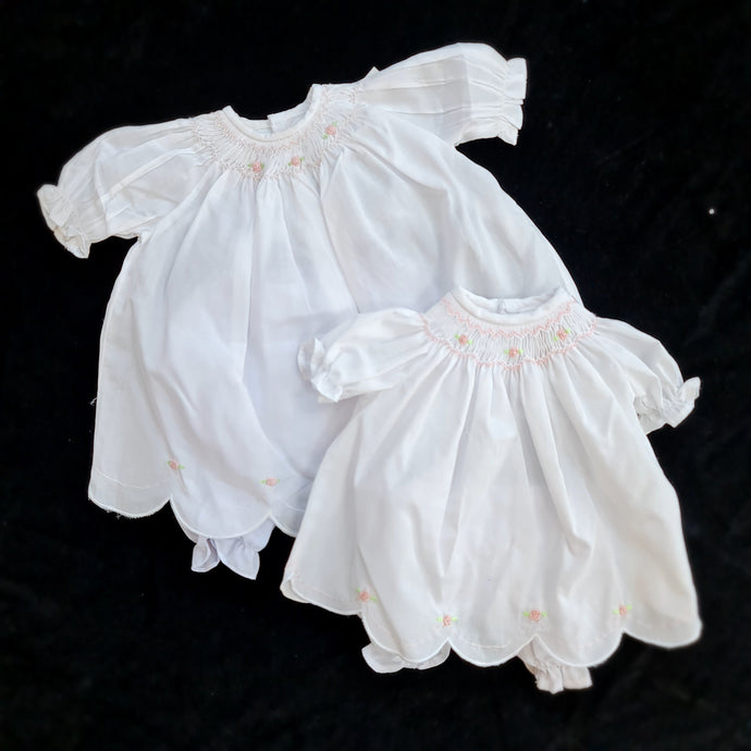 3427 WHITE Scalloped Hem Smocked Bishop Dress for Dolls 14 to 19inch (scalloped and embroidered hem.)