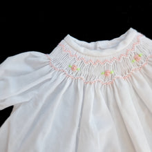 3427 WHITE Scalloped Hem Smocked Bishop Dress for Dolls 14 to 19inch (scalloped and embroidered hem.)