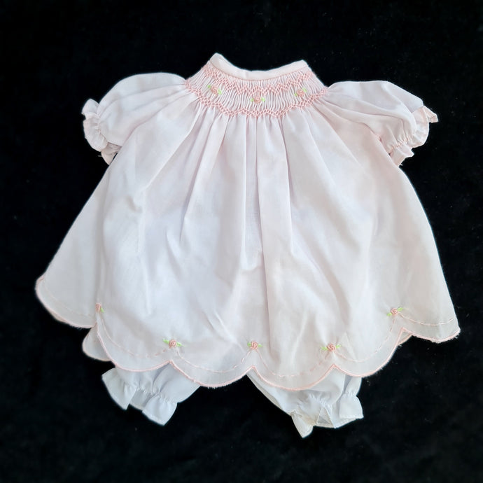 3427 PALE PINK Scalloped hem Smocked Bishop Dress for Dolls  (scalloped and embroidered hem.)