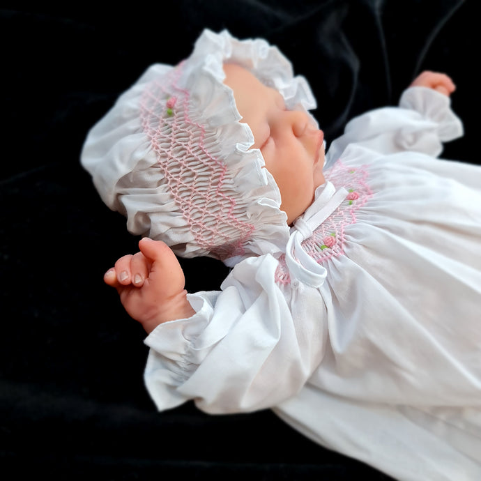 1066 Smocked Traditional Supot gown for 16 to 19 Dolls. White with smocked bonnet.