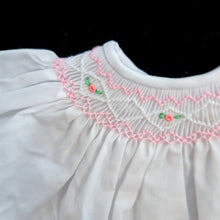 042 WHITE  Cable Rose Smocked Bishop Dress for Dolls. with bonnet and bloomers. 10 to 19 inch