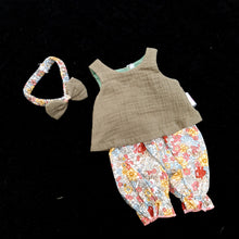 472 moss green 3 piece set with ditsy print long bloomers ( 4 doll sizes for 11 to 18 inches / 29 to 46cm)